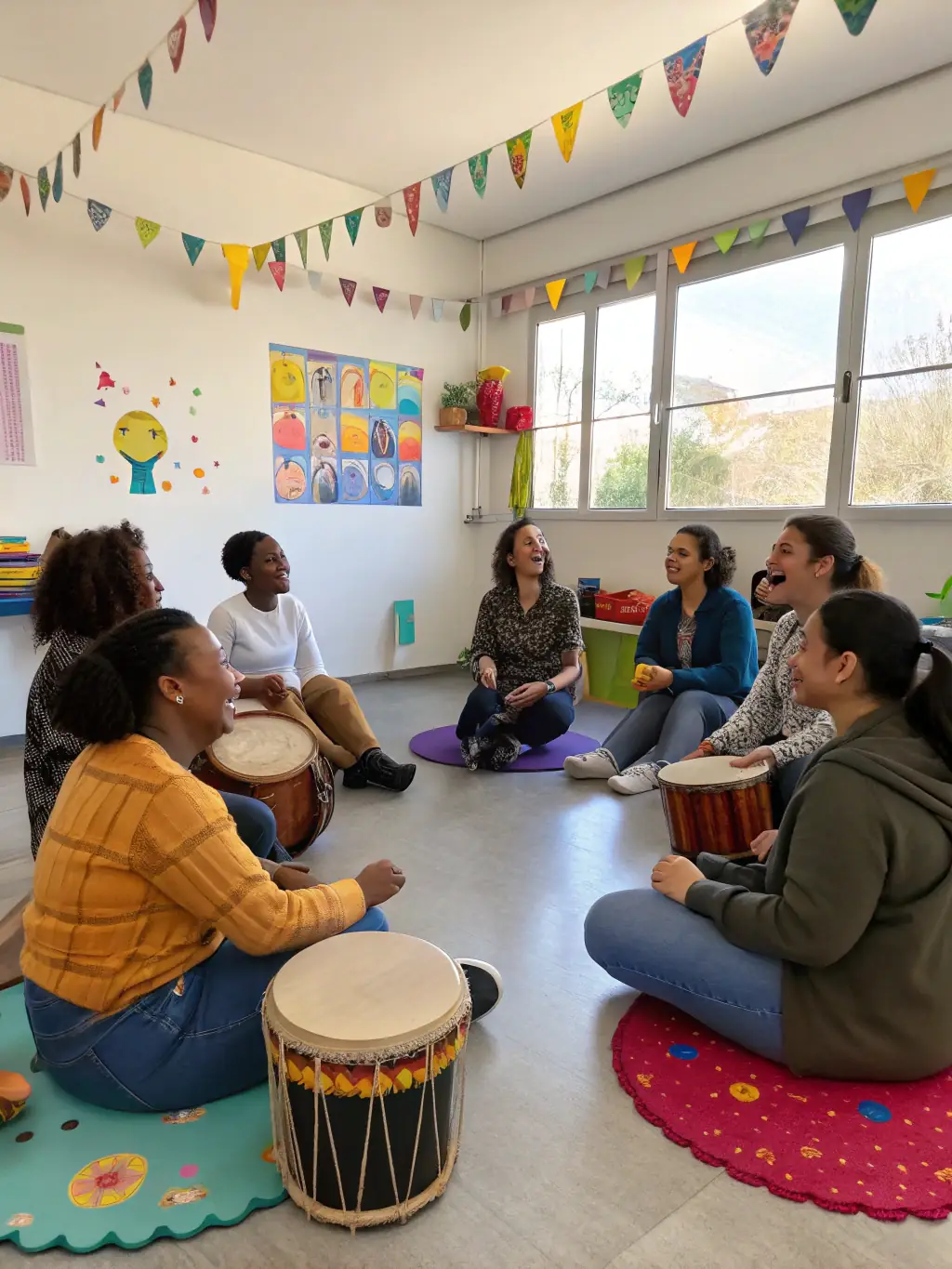 A heartwarming image of elderly residents participating in a music therapy session facilitated by ACCORDS MAJEURS FONTAINE LES DIJON.