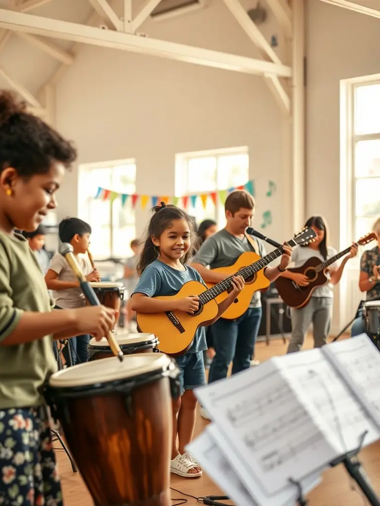 A dynamic image showing musicians from ACCORDS MAJEURS FONTAINE LES DIJON conducting a music workshop for adults in a community center.