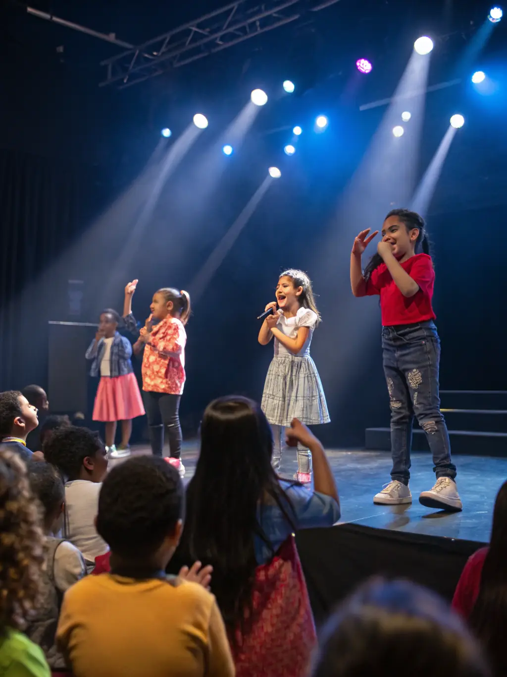 A vibrant photograph capturing a children's choir performing on stage during a local community event organized by ACCORDS MAJEURS FONTAINE LES DIJON.