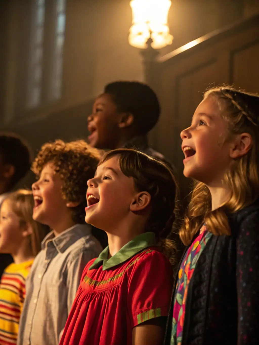 A vibrant photograph capturing a children's choir performing on stage during a local community event organized by Accords Majeurs, showcasing the joy and engagement of young participants in musical activities.